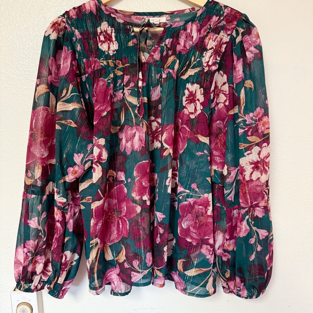 Maurices XL Floral Peasant Blouse Teal Magenta Boho Sheer Long Sleeve
